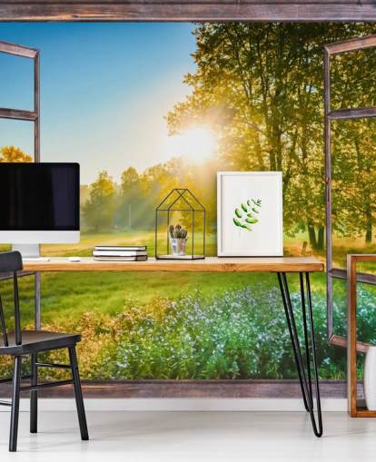 mural de papel pintado verde personalizado para la fachada del amanecer llamado Sunrise Window View mural de papel pintado verde personalizado para la fachada del amanecer llamado Sunrise Window View