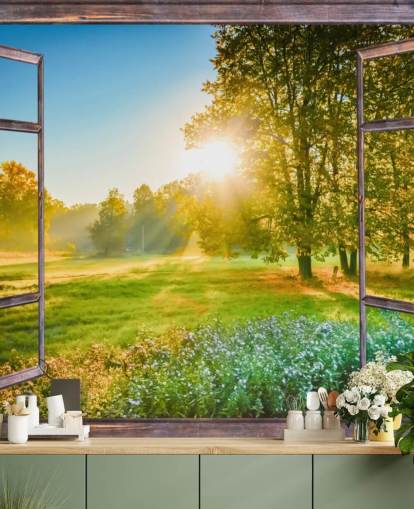 green custom sunrise facade wallpaper mural called Sunrise Window View green custom sunrise facade wallpaper mural called Sunrise Window View