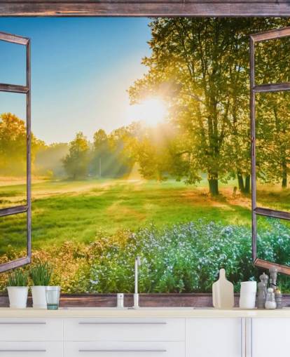 mural de papel de parede de fachada verde personalizado ao nascer do sol chamado Sunrise Window View mural de papel de parede de fachada verde personalizado ao nascer do sol chamado Sunrise Window View