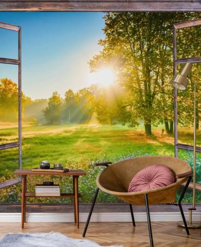 papier peint mural vert personnalisé sur la façade du lever du soleil appelé Sunrise Window View papier peint mural vert personnalisé sur la façade du lever du soleil appelé Sunrise Window View