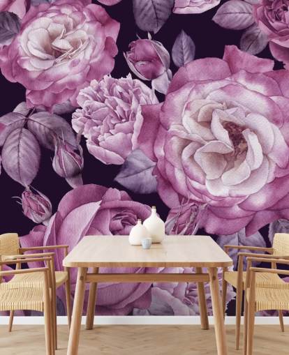 violett anpassningsbar blommig tapetväggmålning kallad Ultra Violet Roses Dark Floral för sovrum, vardagsrum och matsalar violett anpassningsbar blommig tapetväggmålning kallad Ultra Violet Roses Dark Floral för sovrum, vardagsrum och matsalar