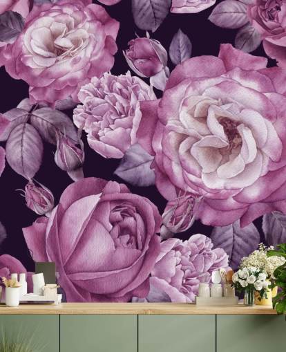papier peint mural floral personnalisable violet appelé Ultra Violet Roses Dark Floral pour les chambres à coucher, les salons et les salles à manger papier peint mural floral personnalisable violet appelé Ultra Violet Roses Dark Floral pour les chambres à coucher, les salons et les salles à manger