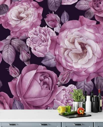 violett anpassningsbar blommig tapetväggmålning kallad Ultra Violet Roses Dark Floral för sovrum, vardagsrum och matsalar violett anpassningsbar blommig tapetväggmålning kallad Ultra Violet Roses Dark Floral för sovrum, vardagsrum och matsalar