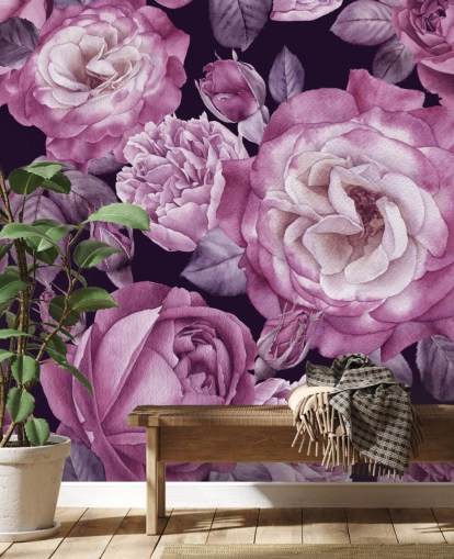 violett anpassningsbar blommig tapetväggmålning kallad Ultra Violet Roses Dark Floral för sovrum, vardagsrum och matsalar violett anpassningsbar blommig tapetväggmålning kallad Ultra Violet Roses Dark Floral för sovrum, vardagsrum och matsalar
