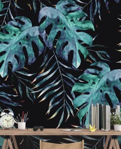 Papel de Parede Preto com Folhas Tropicais Papel de Parede Preto com Folhas Tropicais