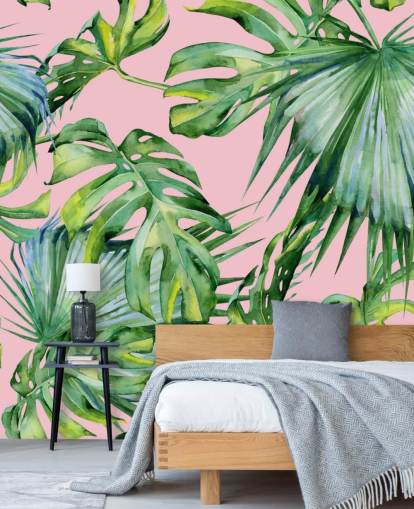 pink and green palm leaf wallpaper mural called Pink Jungle for living room or bedroom pink and green palm leaf wallpaper mural called Pink Jungle for living room or bedroom