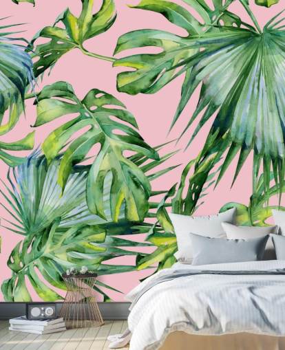 roze en groene palmblad muurschildering genaamd Pink Jungle voor woonkamer of slaapkamer roze en groene palmblad muurschildering genaamd Pink Jungle voor woonkamer of slaapkamer