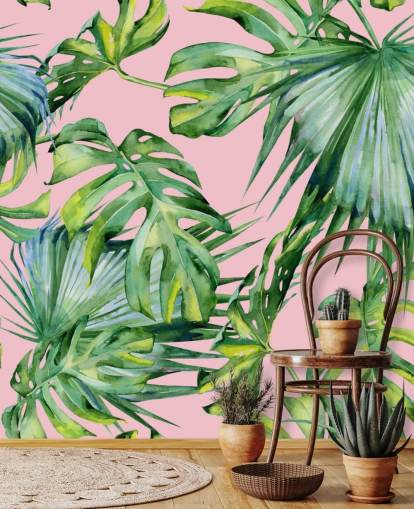 pink and green palm leaf wallpaper mural called Pink Jungle for living room or bedroom pink and green palm leaf wallpaper mural called Pink Jungle for living room or bedroom