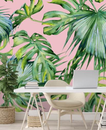 pink and green palm leaf wallpaper mural called Pink Jungle for living room or bedroom pink and green palm leaf wallpaper mural called Pink Jungle for living room or bedroom