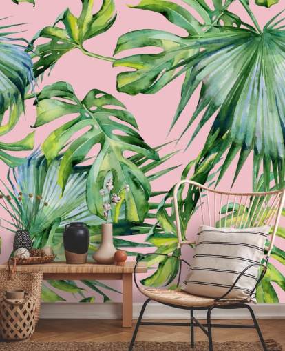 rosa och grönt palmblad tapetväggmålning som heter Pink Jungle för vardagsrum eller sovrum rosa och grönt palmblad tapetväggmålning som heter Pink Jungle för vardagsrum eller sovrum