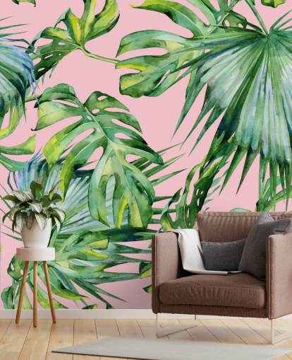 pink and green palm leaf wallpaper mural called Pink Jungle for living room or bedroom pink and green palm leaf wallpaper mural called Pink Jungle for living room or bedroom