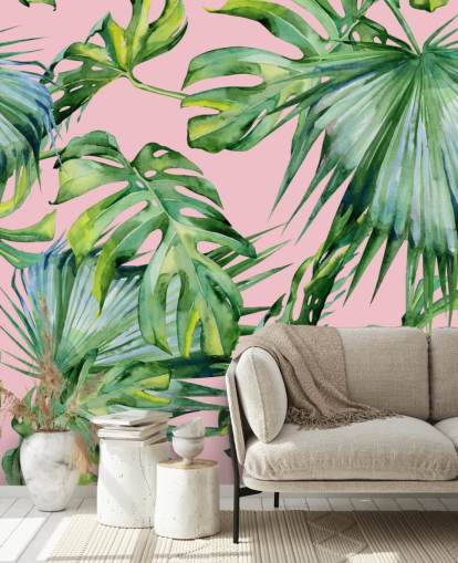 mural de papel de parede em folha de palmeira rosa e verde chamado Pink Jungle para sala de estar ou quarto mural de papel de parede em folha de palmeira rosa e verde chamado Pink Jungle para sala de estar ou quarto
