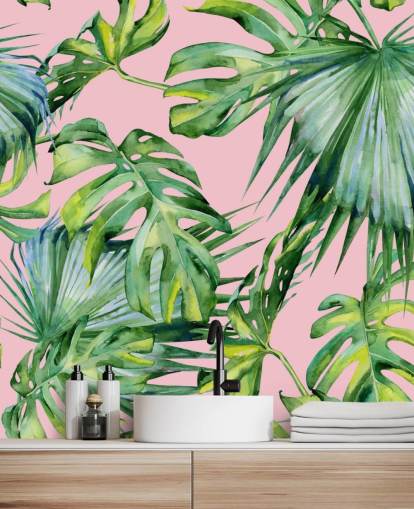 pink and green palm leaf wallpaper mural called Pink Jungle for living room or bedroom pink and green palm leaf wallpaper mural called Pink Jungle for living room or bedroom