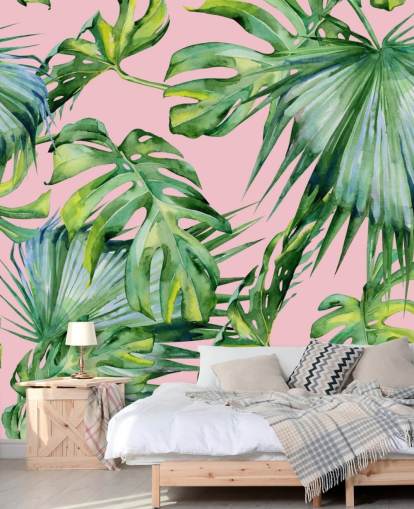 mural de papel de parede em folha de palmeira rosa e verde chamado Pink Jungle para sala de estar ou quarto mural de papel de parede em folha de palmeira rosa e verde chamado Pink Jungle para sala de estar ou quarto