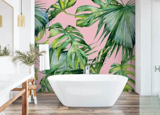 lyserødt og grønt palmeblad tapetmaleri kaldet Pink Jungle til stue eller soveværelse