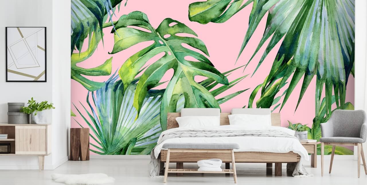 rosafarbenes und grünes Palmblatt-Wandbild namens Pink Jungle für Wohn- oder Schlafzimmer