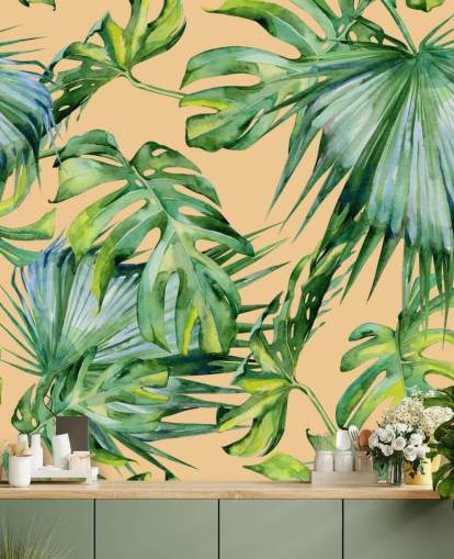 fersken tonet grønne palme blade tapet fersken tonet grønne palme blade tapet