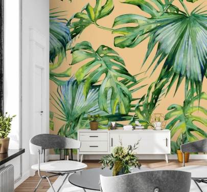 peach toned green palm leaves wallpaper