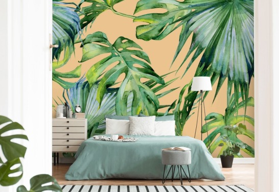 peach toned green palm leaves wallpaper