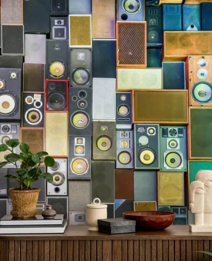 mural de papel pintado musical llamado Retro Speakers para dormitorios, bares, locales y escuelas mural de papel pintado musical llamado Retro Speakers para dormitorios, bares, locales y escuelas