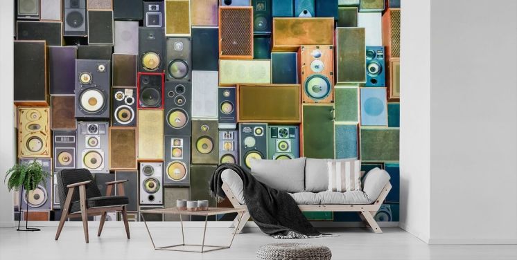 Musiktapete mit dem Titel Retro Speakers für Schlafzimmer, Bars, Veranstaltungsorte und Schulen