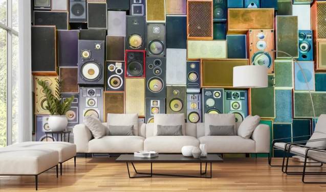 Musiktapete mit dem Titel Retro Speakers für Schlafzimmer, Bars, Veranstaltungsorte und Schulen