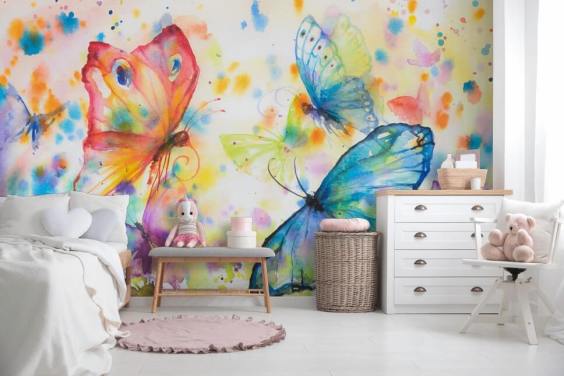 kleurrijke vlindermuurschildering genaamd Flying Butterflies voor kinderkamers