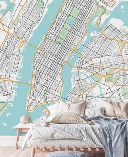 mural de papel pintado azul y blanco de la ciudad de Nueva York llamado Mapa de la ciudad de Nueva York mural de papel pintado azul y blanco de la ciudad de Nueva York llamado Mapa de la ciudad de Nueva York