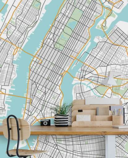 blauw-witte muurschildering van New York City genaamd New York City Map blauw-witte muurschildering van New York City genaamd New York City Map