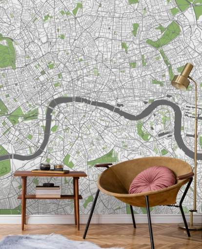 Weiß-grüne Tapete mit dem Titel Detailed Map of London für Schlafzimmer, Heimbüros und Esszimmer Weiß-grüne Tapete mit dem Titel Detailed Map of London für Schlafzimmer, Heimbüros und Esszimmer