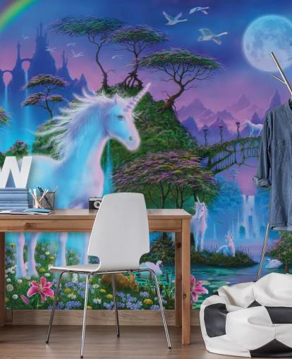 carta da parati personalizzata unicorno viola, blu e verde chiamata Unicorn Bridge di Danny Flynn per camerette per bambini carta da parati personalizzata unicorno viola, blu e verde chiamata Unicorn Bridge di Danny Flynn per camerette per bambini