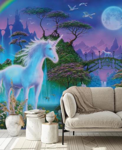 lila, blå och grön anpassad enhörningstapet kallad Unicorn Bridge av Danny Flynn för barnens sovrum lila, blå och grön anpassad enhörningstapet kallad Unicorn Bridge av Danny Flynn för barnens sovrum