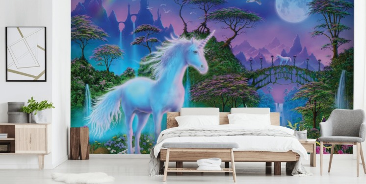 purple, blue and green custom unicorn wallpaper called Unicorn Bridge by Danny Flynn for children's bedrooms