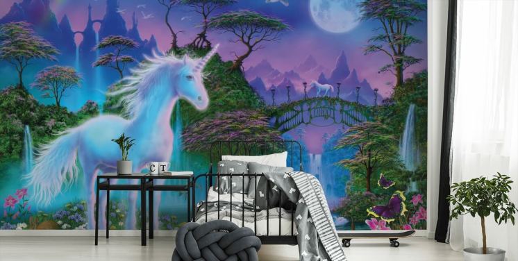 lilla, blå og grøn brugerdefineret enhjørningstapet kaldet Unicorn Bridge af Danny Flynn til børns soveværelser