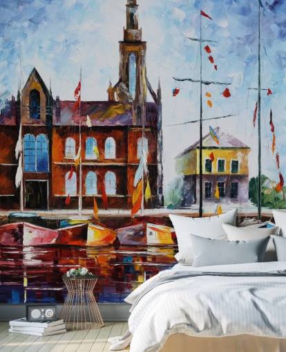 painted colorful boats by harbour wallpaper painted colorful boats by harbour wallpaper