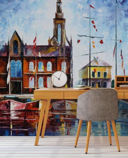 painted colorful boats by harbour wallpaper painted colorful boats by harbour wallpaper