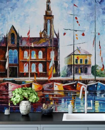painted colorful boats by harbour wallpaper painted colorful boats by harbour wallpaper