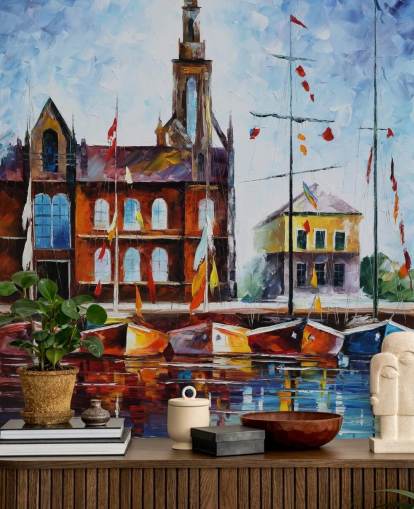 painted colorful boats by harbour wallpaper painted colorful boats by harbour wallpaper