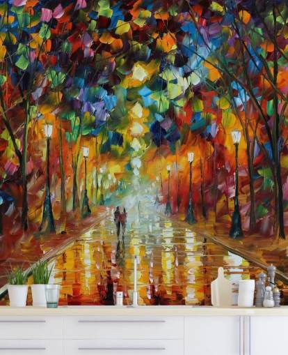 multicoloured street wallpaper mural called Farewell to Anger by Leonid Afremov for bedrooms, living rooms and bathrooms multicoloured street wallpaper mural called Farewell to Anger by Leonid Afremov for bedrooms, living rooms and bathrooms