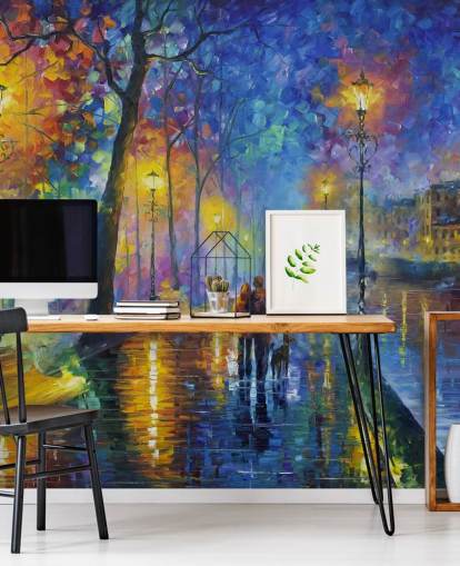 kleurrijk schilderij van regenachtige straat bij nacht behang kleurrijk schilderij van regenachtige straat bij nacht behang