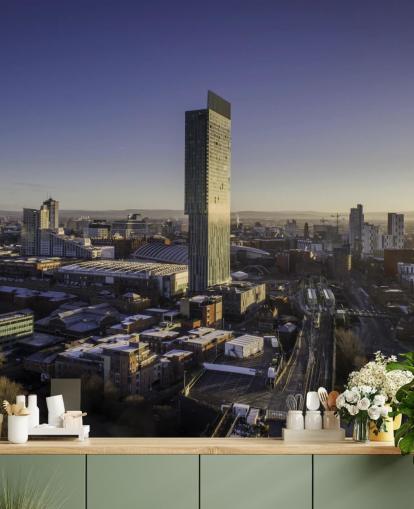 Manchester City Aerial Sunrise Baggrund Manchester City Aerial Sunrise Baggrund