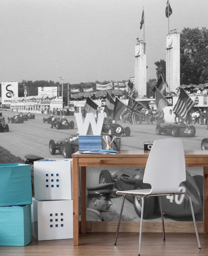 Zwart-witfoto van Italiaans autoracebehang Zwart-witfoto van Italiaans autoracebehang
