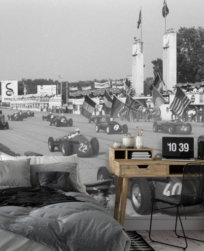 Papier peint photo en noir et blanc de la course automobile italienne Papier peint photo en noir et blanc de la course automobile italienne