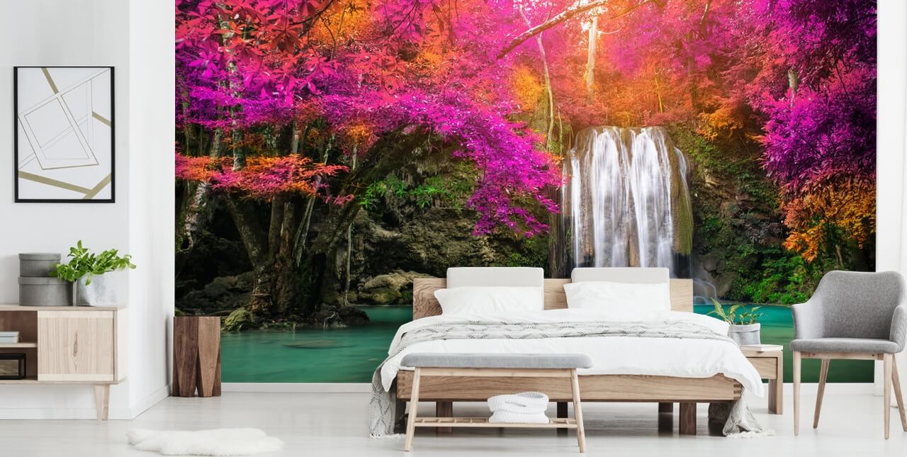 Orange and Purple Blossom and Waterfall Wallpaper Orange and Purple Blossom and Waterfall Wallpaper