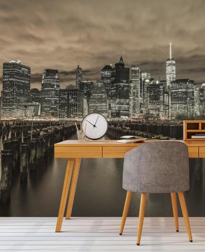 Manhattan Skyline med rader av Groynes Bakgrunn Manhattan Skyline med rader av Groynes Bakgrunn