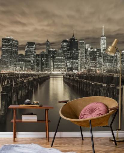 Manhattan Skyline med rader av Groynes Bakgrunn Manhattan Skyline med rader av Groynes Bakgrunn
