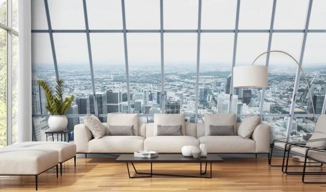 vast city landscape window view wallpaper