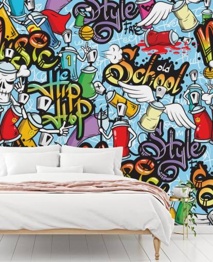 Buntes Graffiti-Tapeten-Wandbild mit dem Titel Graffiti Characters Seamless Pattern für ein Jugendzimmer Buntes Graffiti-Tapeten-Wandbild mit dem Titel Graffiti Characters Seamless Pattern für ein Jugendzimmer