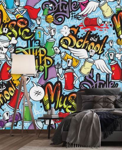 colourful graffiti wallpaper mural called Graffiti Characters Seamless Pattern for a teen's bedroom colourful graffiti wallpaper mural called Graffiti Characters Seamless Pattern for a teen's bedroom