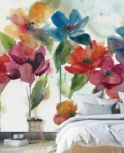 röd orange och blå anpassningsbar blommig tapetväggmålning kallad Flower Dance av Carol Robinson för vardagsrummet röd orange och blå anpassningsbar blommig tapetväggmålning kallad Flower Dance av Carol Robinson för vardagsrummet